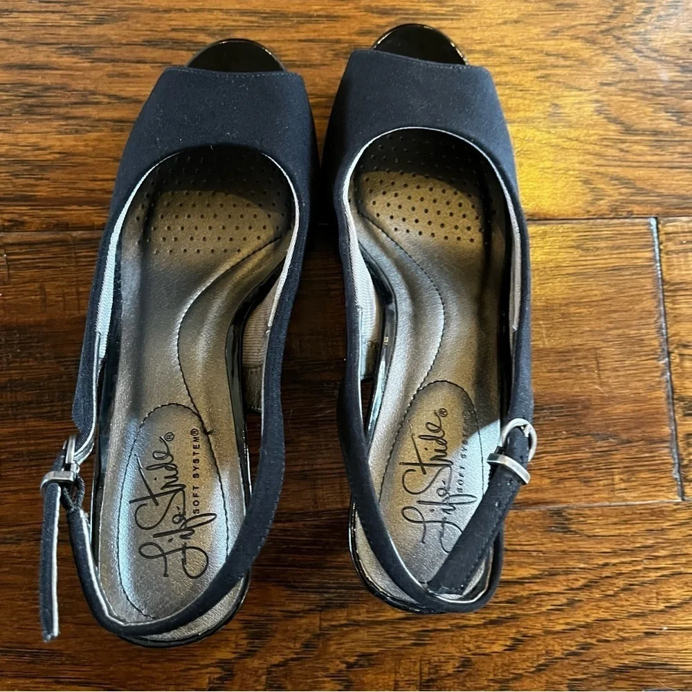 Life Stride Women's Black Peep Toe Slingback 3 Inch Heels size 6.5